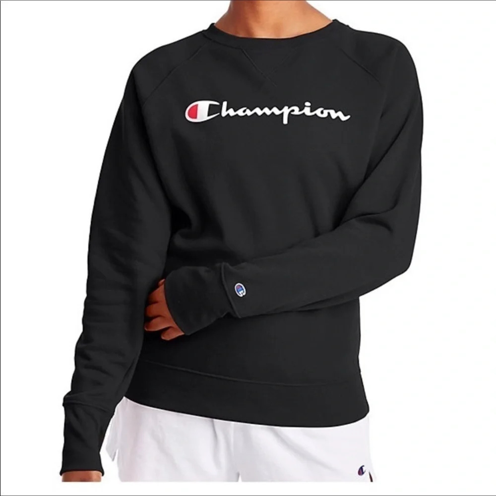 Champion Powerblend Fleece Pullover Sweatshirt Black Boyfriend Crew Logo Script